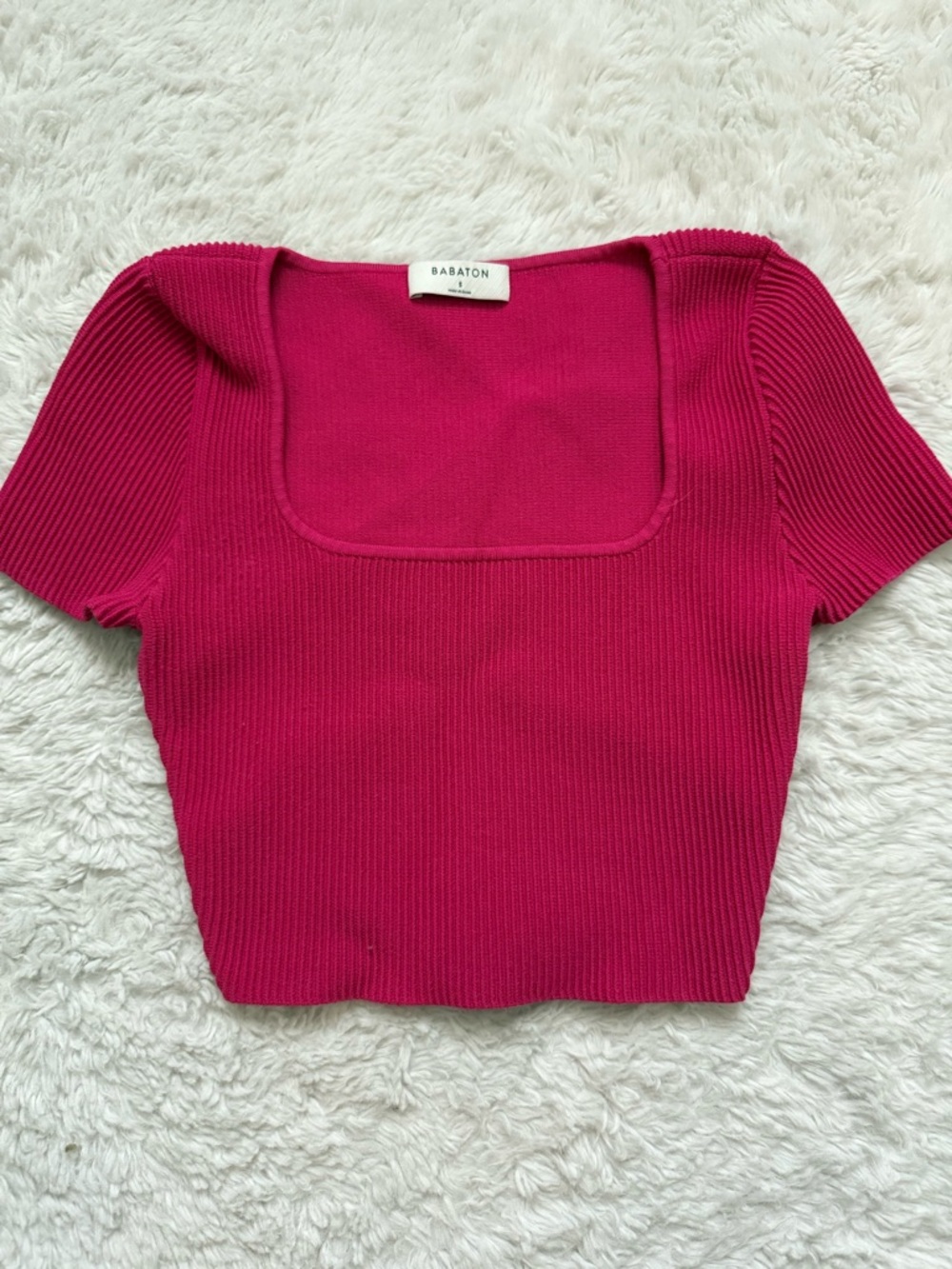 Babaton Ribbed Square-Neck Crop Top in Fuchsia Pink